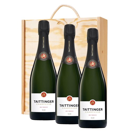 3 x Taittinger Brut Champagne 75cl Treble Wooden Gift Boxed Champagne
